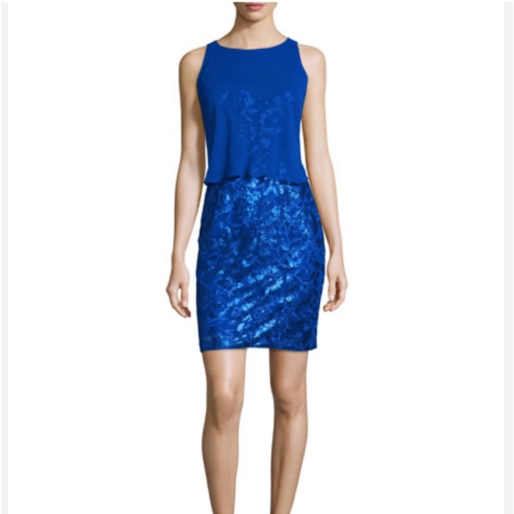 Aidan by Aidan Mattox Neptune Blue Overlay-Bodice Sequined Cocktail Dress